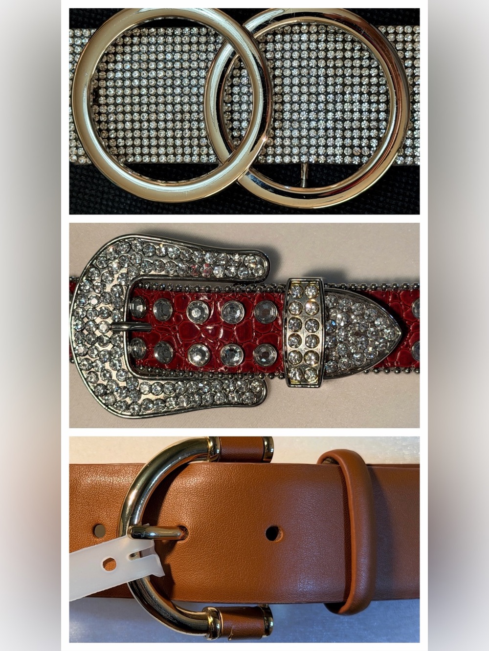 Lot of 3 Women’s Belts Red Leather Cross Rhinestone Brown NWT M–XL